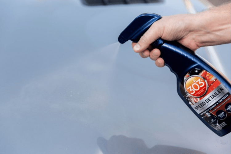 Shake the bottle well and start spraying the detailer on any part of the car you want to treat, working on one section at a time.